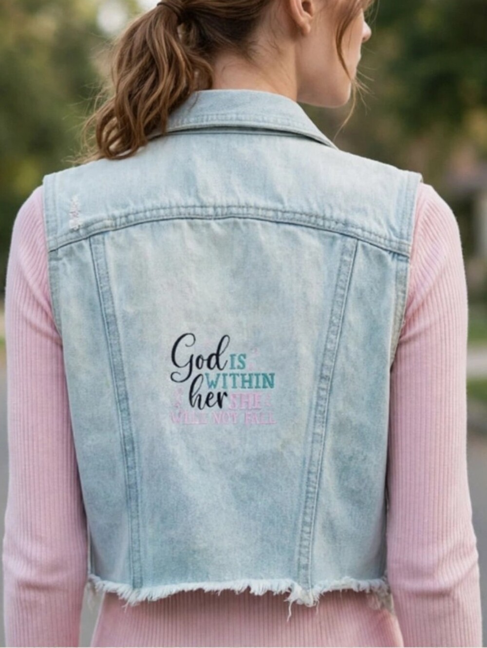 Upcycled denim vest, Share your Faith